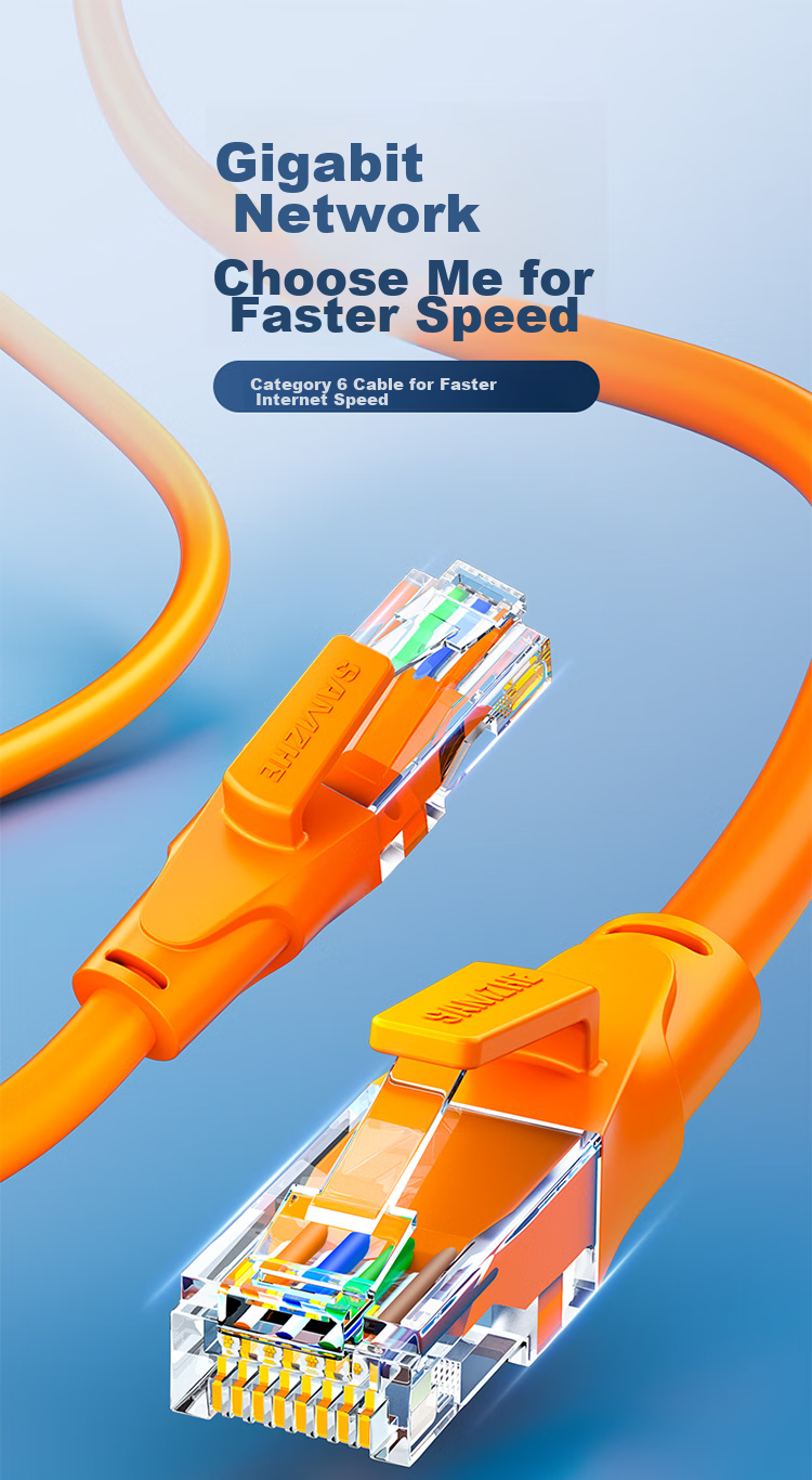 Сетевой кабель SAMZHE CAT6, гигабитный высокоскоростной, для компьютерной сети, роутера, видеонаблюдения, 8-жильный, оранжевый, 2 метра