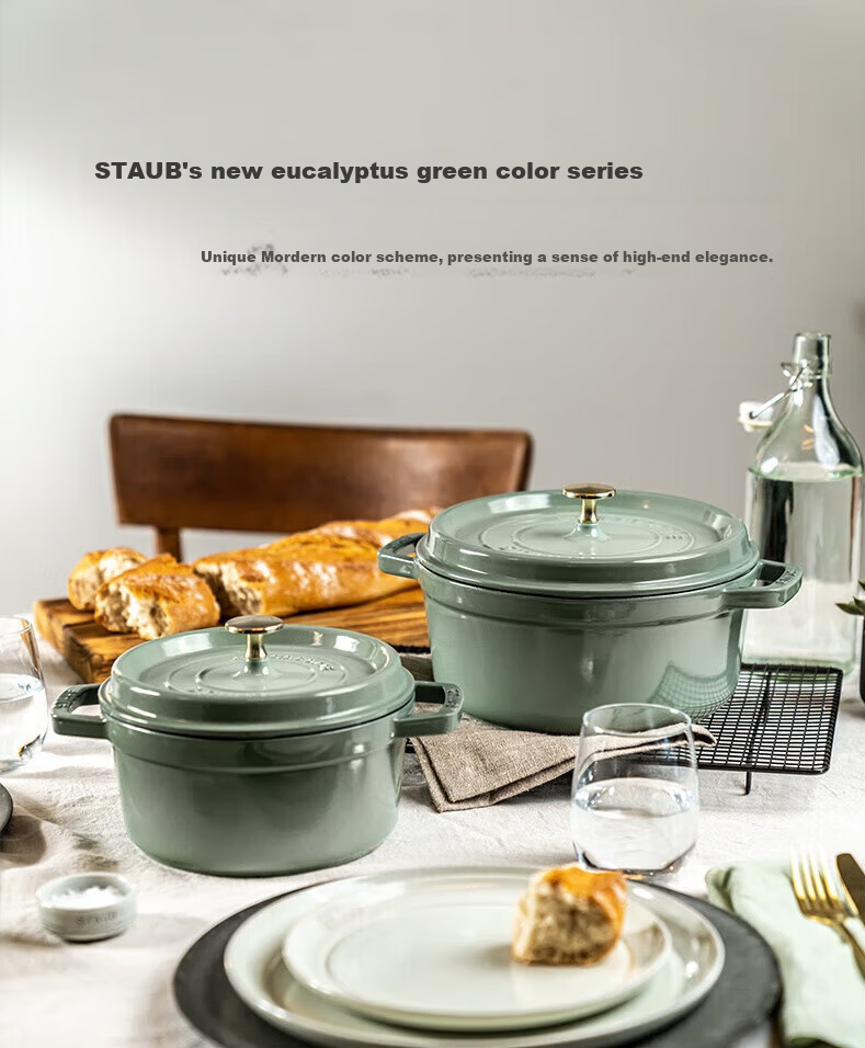 Чугунная кастрюля Staub с двойными ручками, эмалированная, для супа, цвет эвкалипта, 22 см