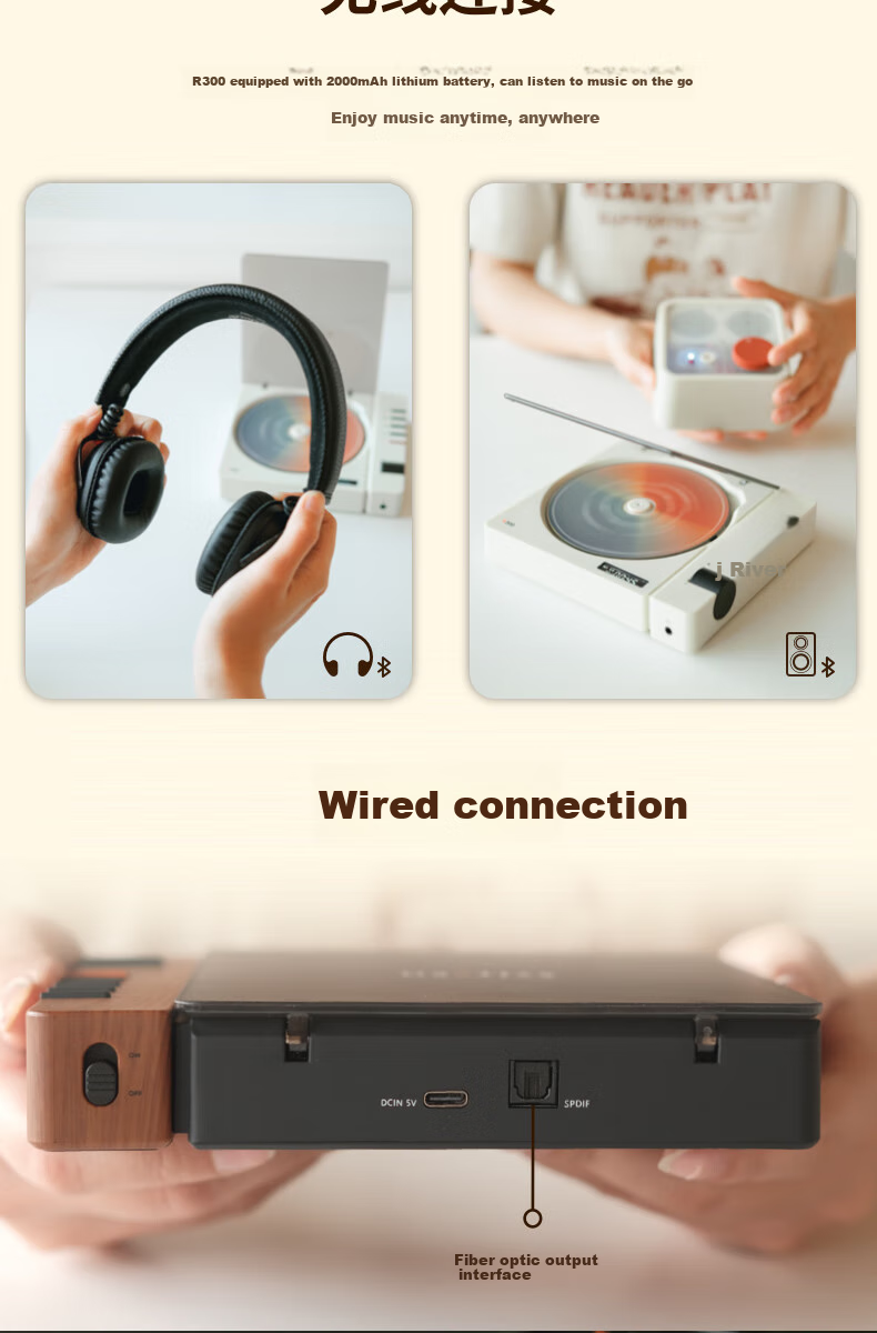Портативная акустика Syitren R300 CD Player - ретро-дизайн, Bluetooth 5.3, встроенный аккумулятор, деревянная отделка