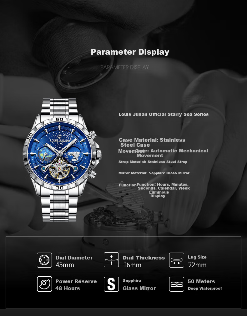 LOUIE JUELEN Starry Sea Мужские механические часы с автоподзаводом, скелетон, Подарок на Рождество