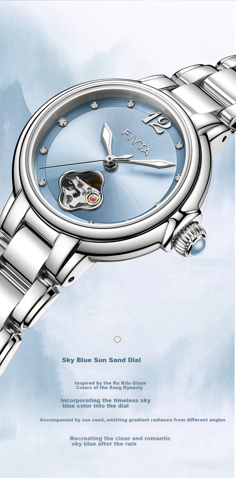 FIYTA Gao Yuan Yuan "Shishi Ruyi" Song Porcelain Style Hollow Plate Steel Strap Mechanical Women's Watch, Valentine's Day Gift