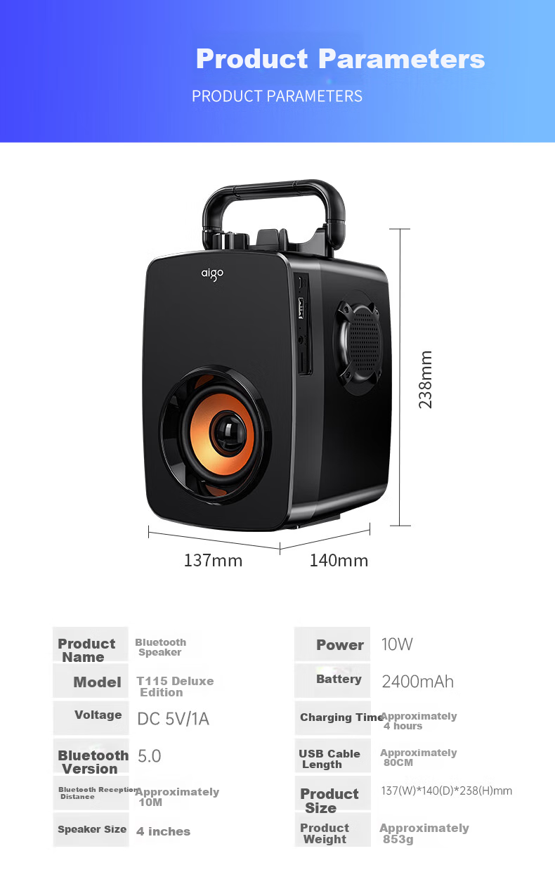Портативная Bluetooth-колонка Aigo T115 Premium Edition, мощная, уличная, с ручным управлением, малый домашний сабвуфер, плеер