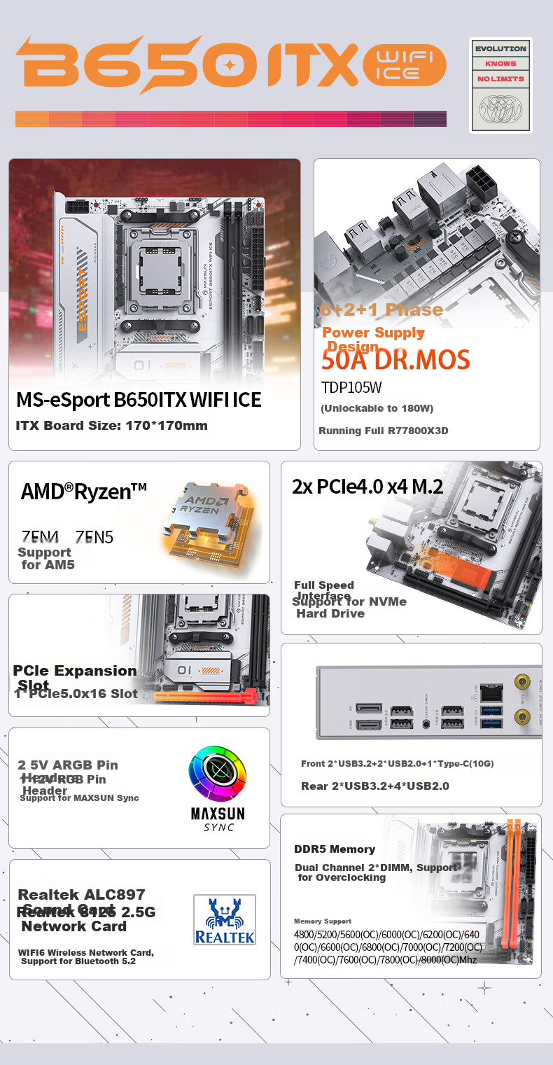Материнская плата MAXSUN MS-eSport B650ITX WIFI ICE DDR5 AM5 Mini-ITX