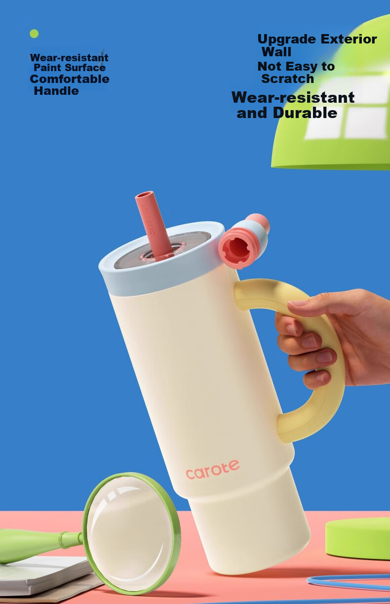 Термокружка CaROTE Giant Straw Insulated Cup, 1050 мл, морская соль и сыр, с трубочкой