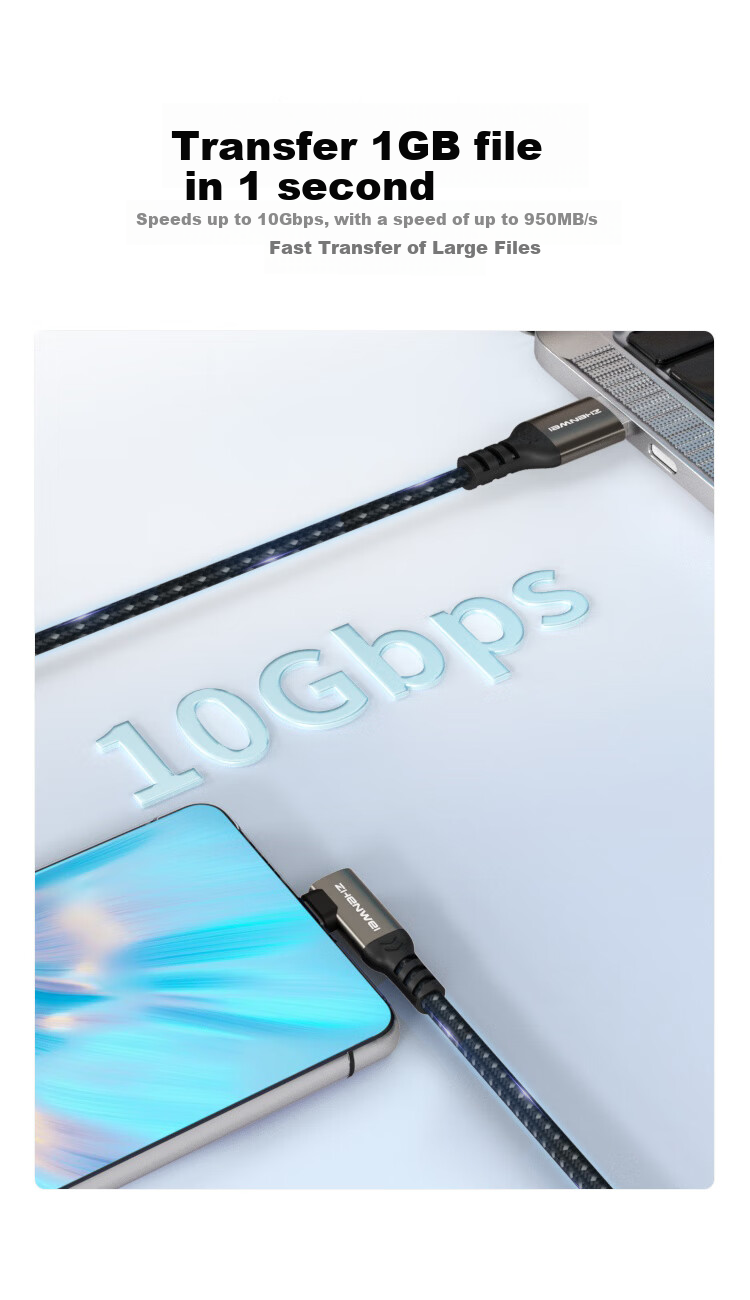 Кабель ZHENWEI USB 3.2 Type-C, 1.5 метра, 10 Гбит/с, 3A быстрая зарядка, угловой