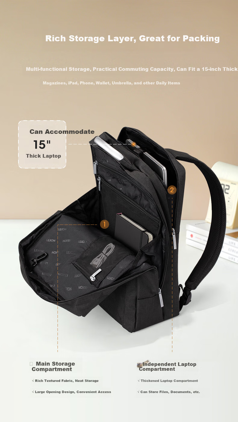 Рюкзак LEXON Urban Commuter Classic, для ноутбука 15.6 дюймов, большой вместимости, для города и путешествий, черный