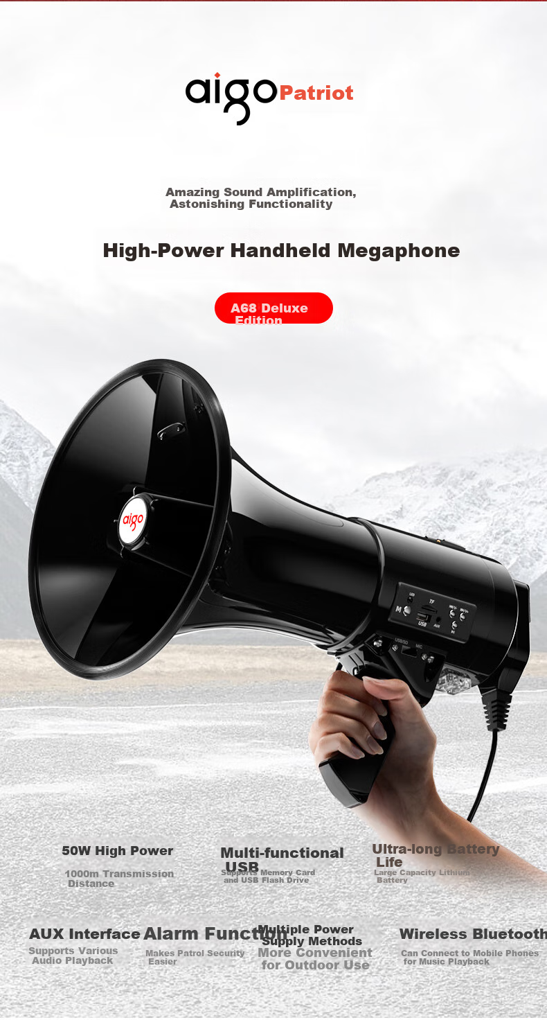 Портативный мегафон Aiguozhe A68 Premium Edition (черный) с функцией записи, усилитель звука для уличной торговли и промоакций, компактная акустическая система громкой связи.
