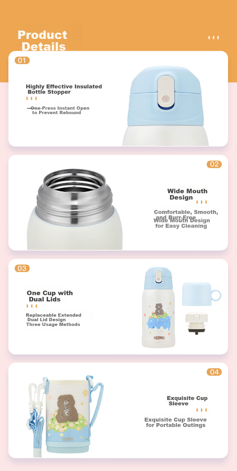 Детская термокружка THERMOS TCKA, 3 крышки, 550 мл, розовая