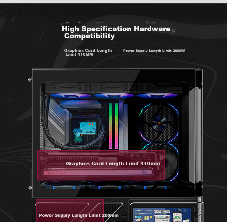 Компьютерный корпус VALKYRIE VK03-M BLACK M-ATX, с поддержкой водяного охлаждения 360 мм, сенсорным экраном 6.2 дюйма, изогнутым стеклом и панорамным обзором 270°