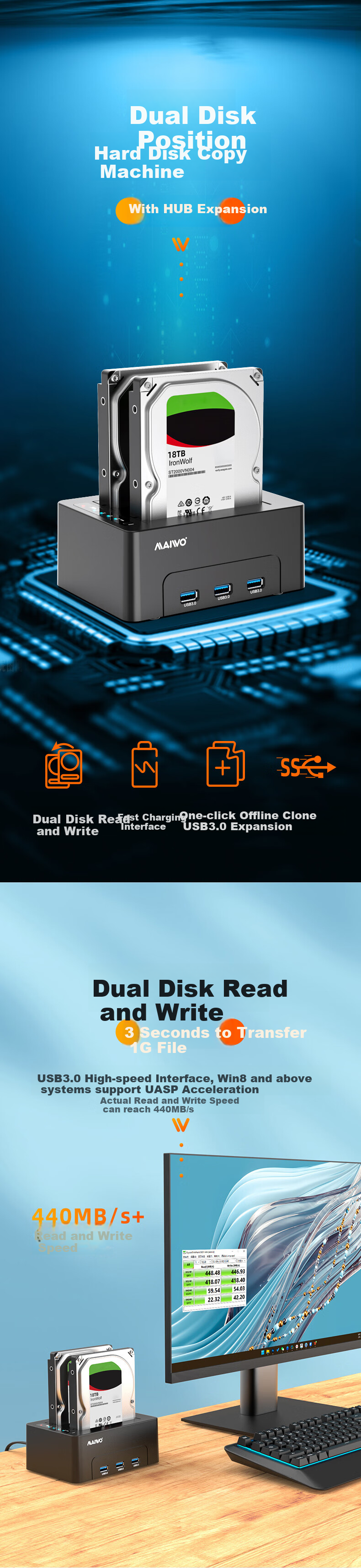 MAIWO K3082H док-станция для жестких дисков USB 3.0, внешний считыватель для 3.5/2.5-дюймовых механических/твердотельных накопителей, с USB-хабом, копир, черный