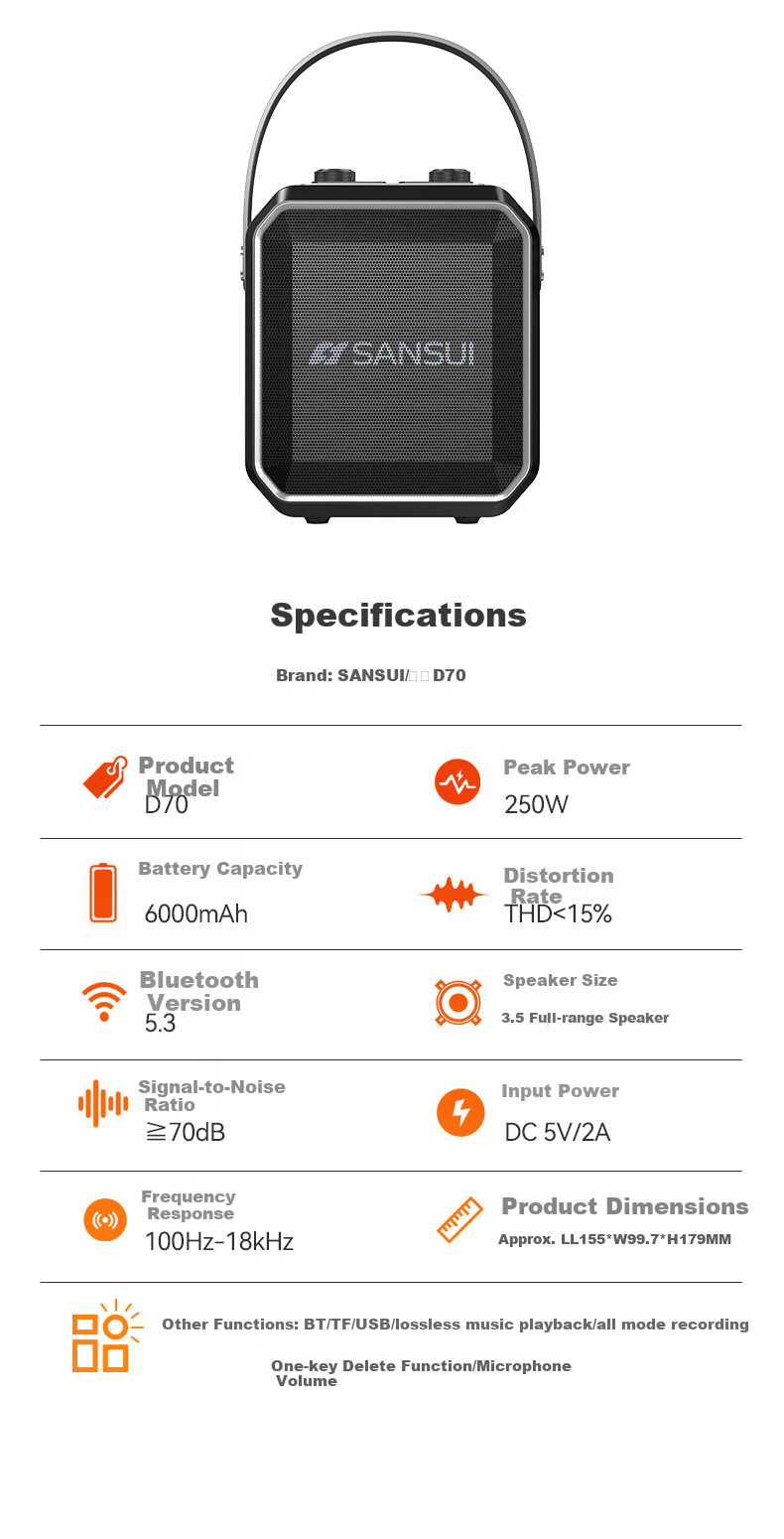 Портативная колонка SANSUI D70, беспроводная Bluetooth-колонка, 250 Вт, 6000 мАч, с RGB-подсветкой
