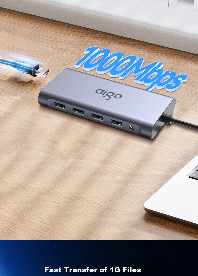 Многофункциональный USB-C хаб aigo T11, 11 портов: HDMI, VGA, USB 3.0, Gigabit Ethernet, SD/TF кард-ридер, PD 100W