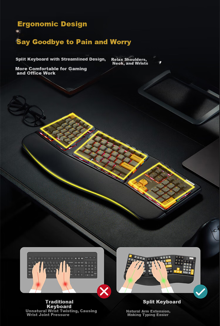 Эргономичная механическая клавиатура SANWA LBK, беспроводная/проводная/Bluetooth 3-в-1, разделенный дизайн, 104 клавиши с возможностью горячей замены, крепление на прокладке для снижения шума, для офиса и игр