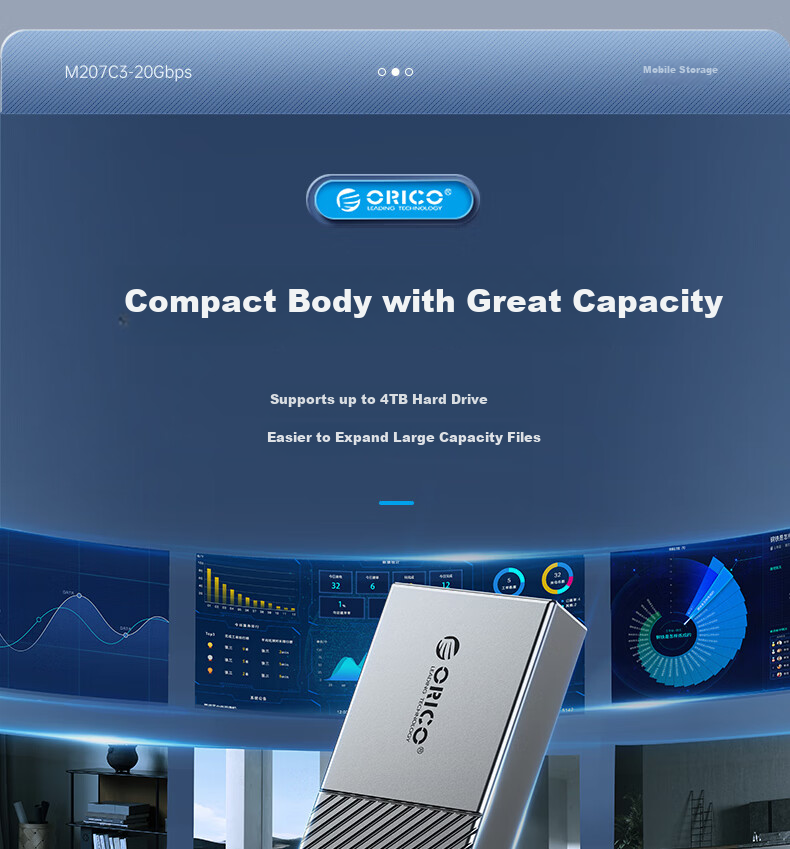 Внешний корпус ORICO M.2 NVMe SSD, 20 Гбит/с, алюминиевый корпус со встроенным радиатором, совместимый с внешним корпусом для ноутбука, M207C3