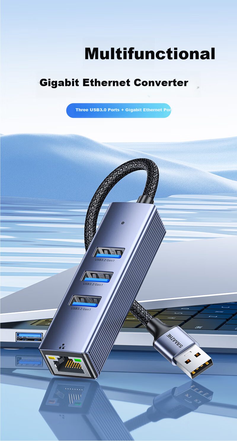 SAMZHE USB3.0 к Gigabit Ethernet Expansion Dock Splitter, HUB Splitter, Laptop RJ45 Network Cable Adapter, Desktop Expansion Dock Ethernet Converter RHX13