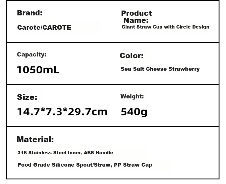 Термокружка CaROTE Giant Straw Insulated Cup, 1050 мл, морская соль и сыр, с трубочкой