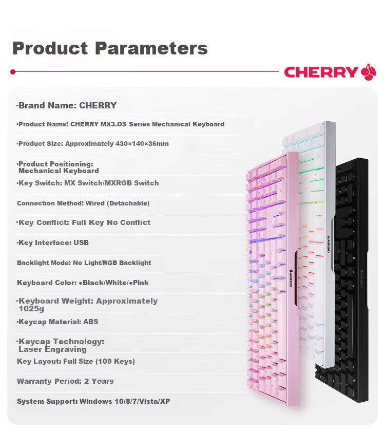 Механическая клавиатура CHERRY MX3.0S, игровая, офисная, проводная, 108 клавиш, алюминиевый корпус, белая