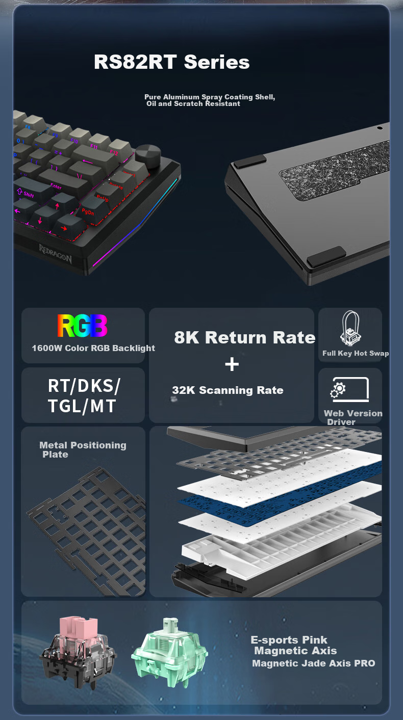 Игровая клавиатура REDRAGON RS82 RT с магнитными переключателями, алюминиевый корпус, RGB-подсветка, проводная, градиентно-серая