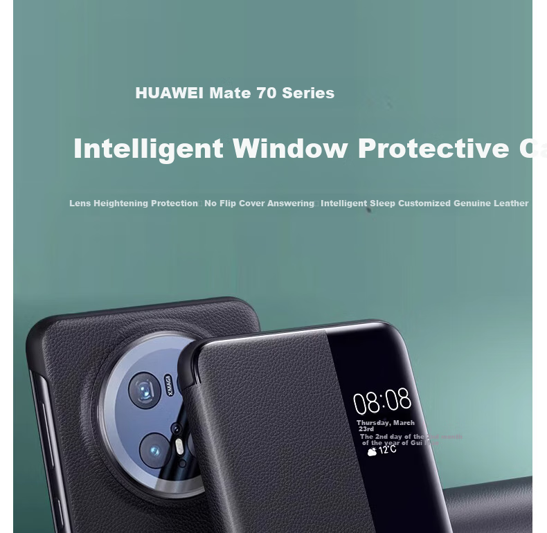 Чехол-книжка ZhengJian для Huawei Mate 70, натуральная кожа, черный, с окном для просмотра, защита от падений, бизнес-стиль