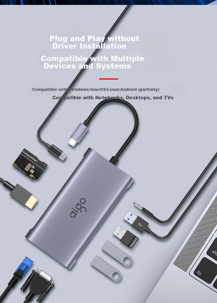 Многофункциональный USB-C хаб aigo T11, 11 портов: HDMI, VGA, USB 3.0, Gigabit Ethernet, SD/TF кард-ридер, PD 100W