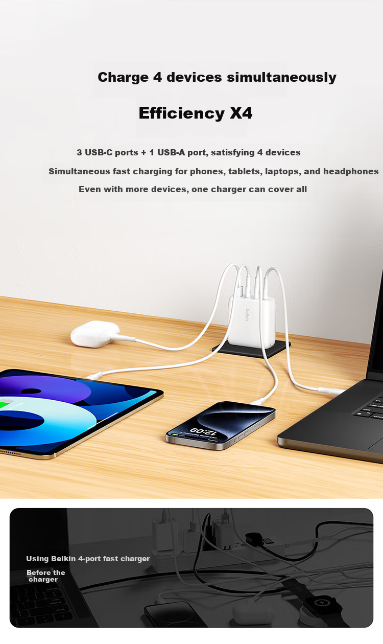 Зарядное устройство Belkin 112W GaN, 4 порта USB-C/USB-A, быстрая зарядка PD 3.1, складной штекер, белый