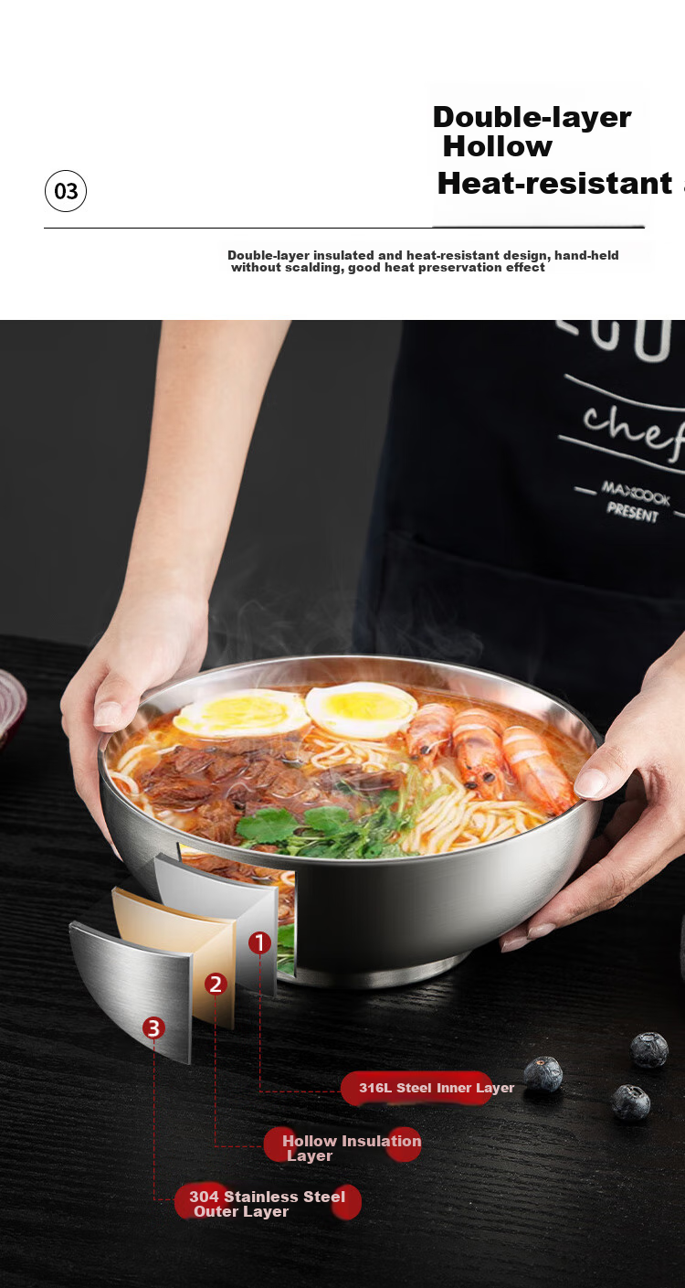 MAXCOOK Миска из нержавеющей стали 316L, двойная, с изоляцией, 20 см, MCWA9881