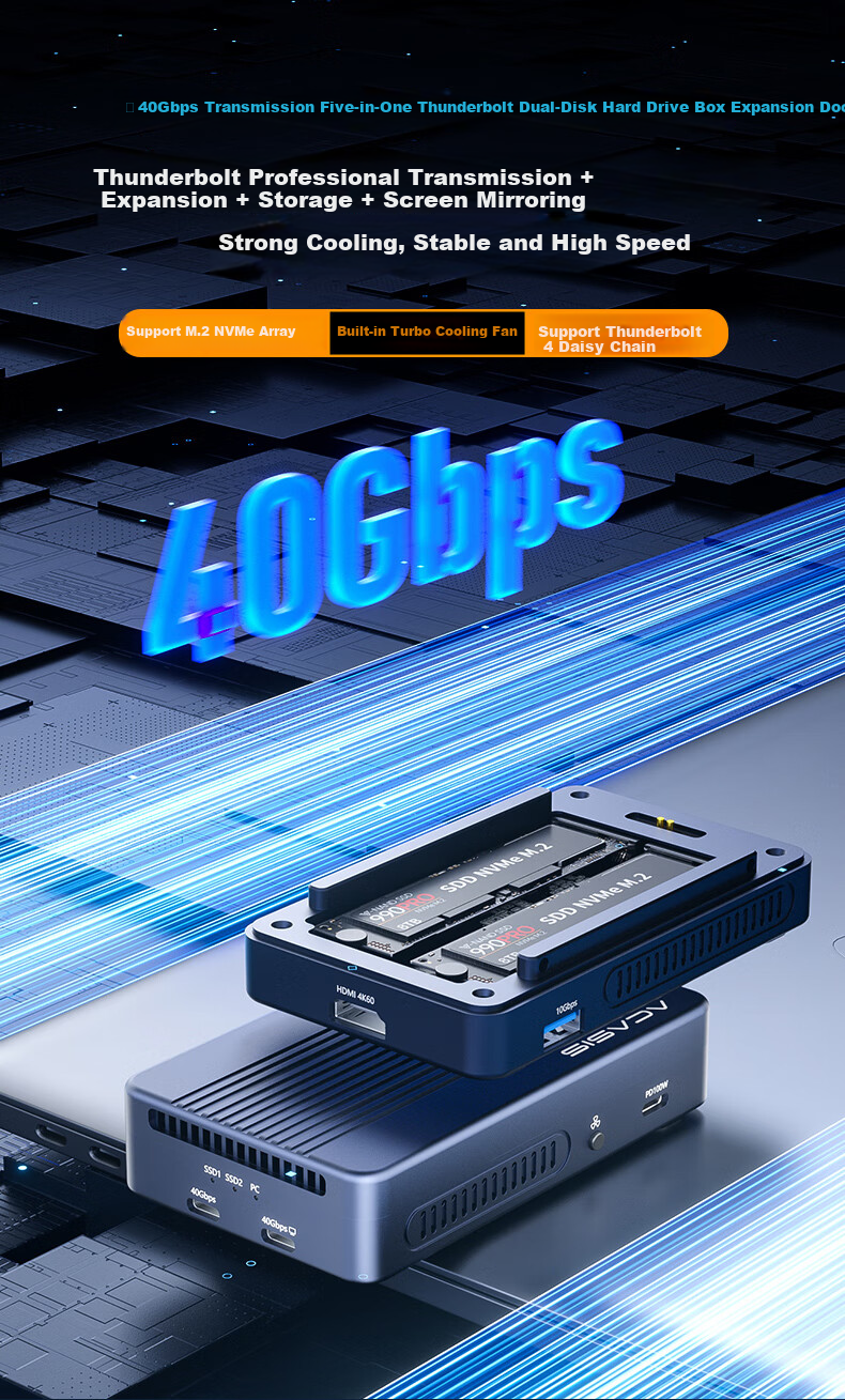 Внешний корпус Acasis TBU405ProMAX для 2x NVMe M.2 SSD, 40 Гбит/с, Thunderbolt 3/4, USB4, алюминиевый сплав, RAID