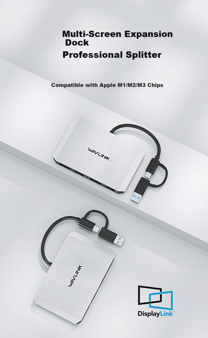 Wavlink WL-UG69DH2 Silver Expansion Dock, Type-C to DP Dual HDMI, Supports 5K60Hz, DisplayLink Protocol Converter Adapter, Suitable for Macbook Screen Extension