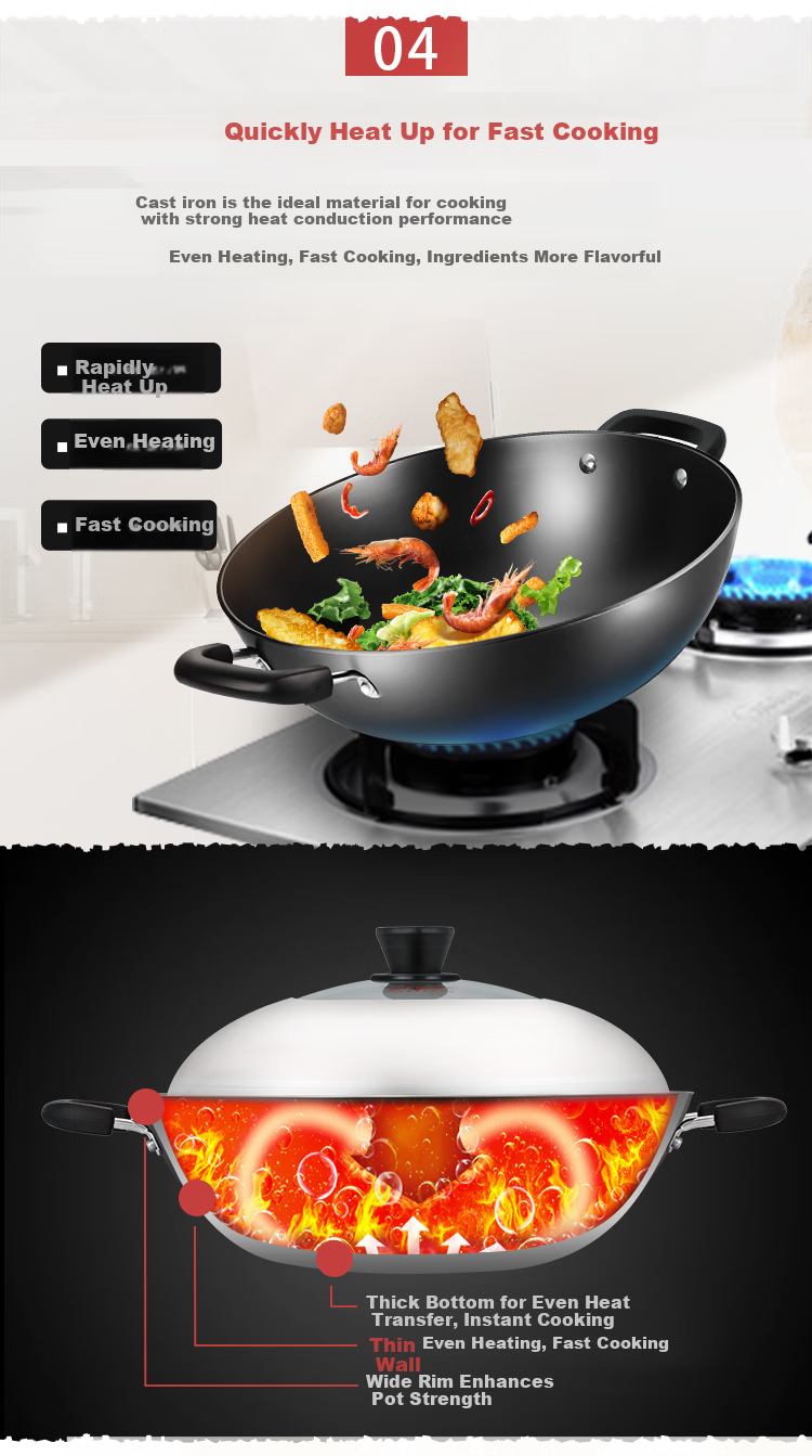 Чугунный вок COOKER KING C40D2, 40см, без покрытия, с двумя ручками, для индукционных плит