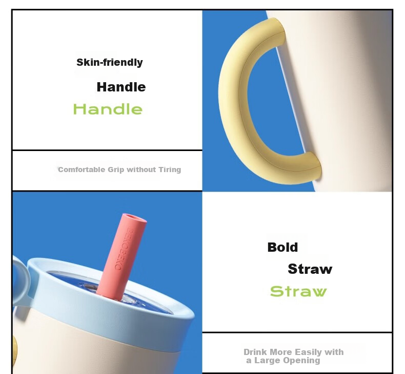 Термокружка CaROTE Giant Straw Insulated Cup, 1050 мл, морская соль и сыр, с трубочкой
