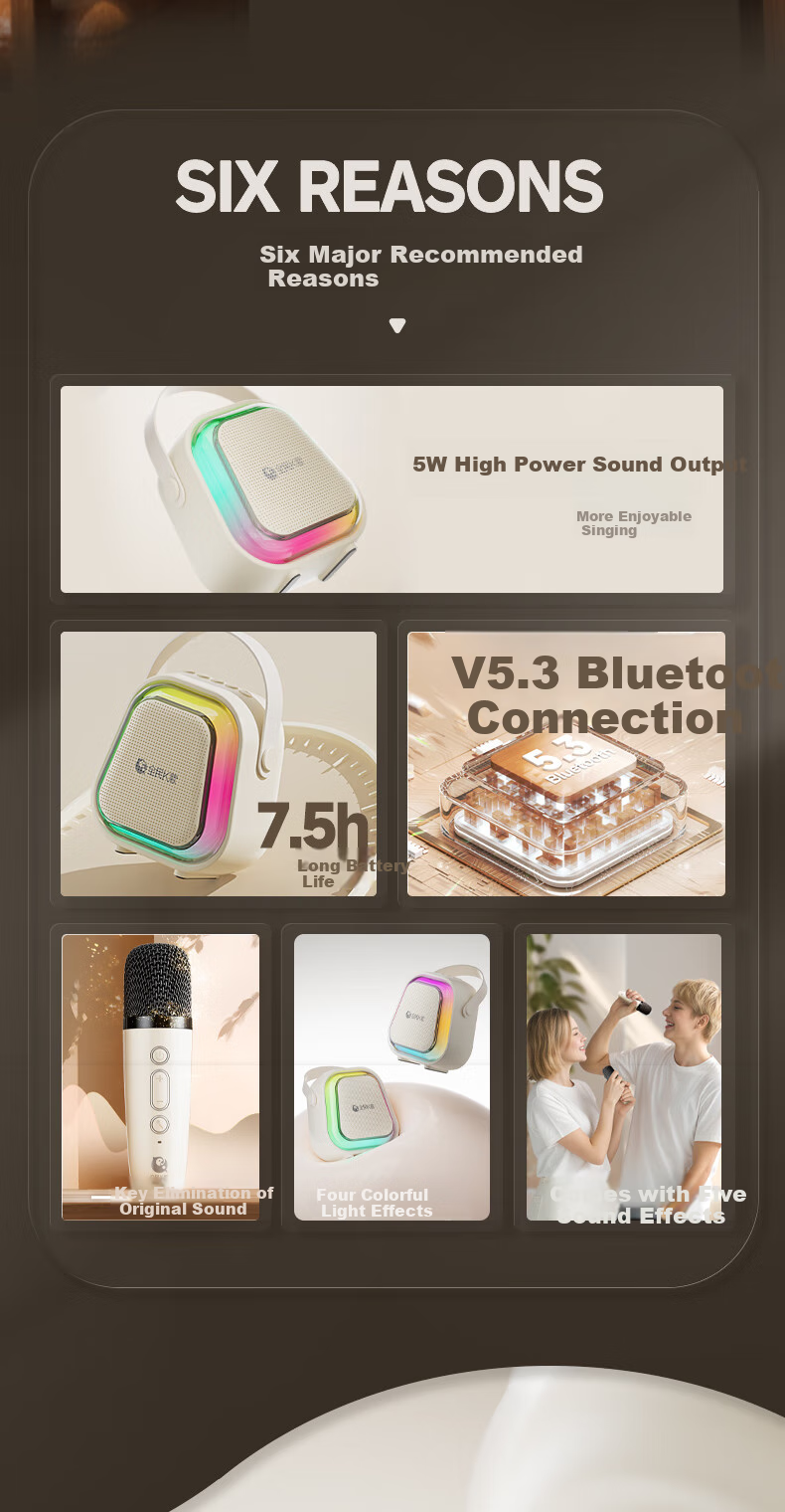 Умный микрофон-колонка Xiaodu MZ32, портативный, для караоке, с Bluetooth 5.3, 5 Вт, 1200 мАч, Type-C, с подсветкой, 2 микрофона