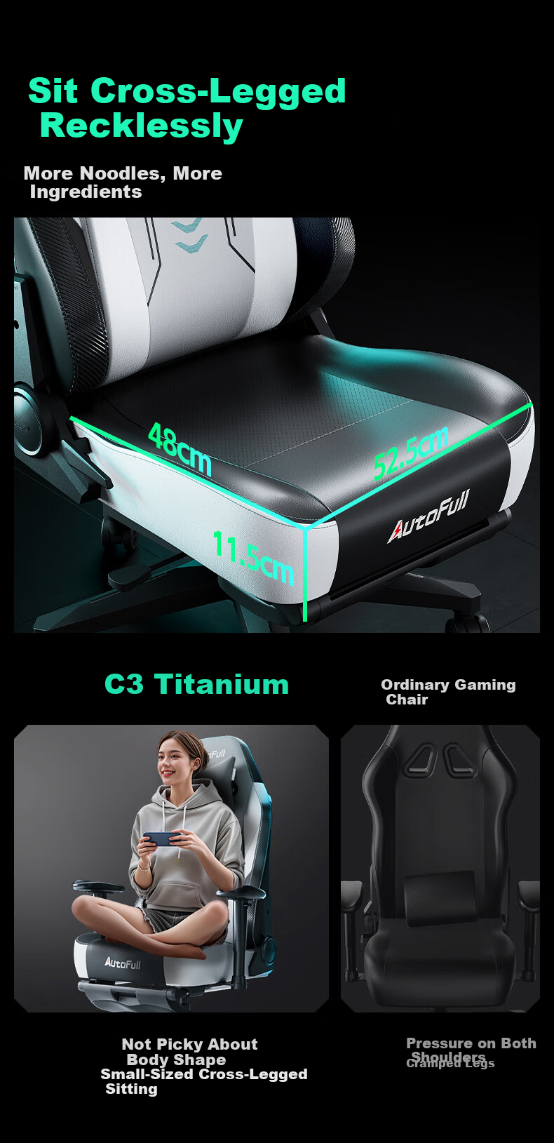 Игровое кресло AutoFull C3 Titanium, эргономичное, компьютерное, офисное, биомеханическое, с поддержкой, 160 градусов, кожа, черный