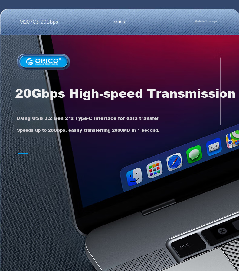 Внешний корпус ORICO M.2 NVMe SSD, 20 Гбит/с, алюминиевый корпус со встроенным радиатором, совместимый с внешним корпусом для ноутбука, M207C3