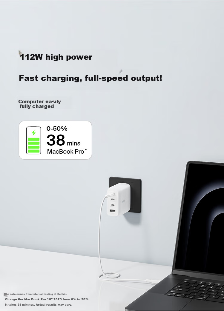 Зарядное устройство Belkin 112W GaN, 4 порта USB-C/USB-A, быстрая зарядка PD 3.1, складной штекер, белый
