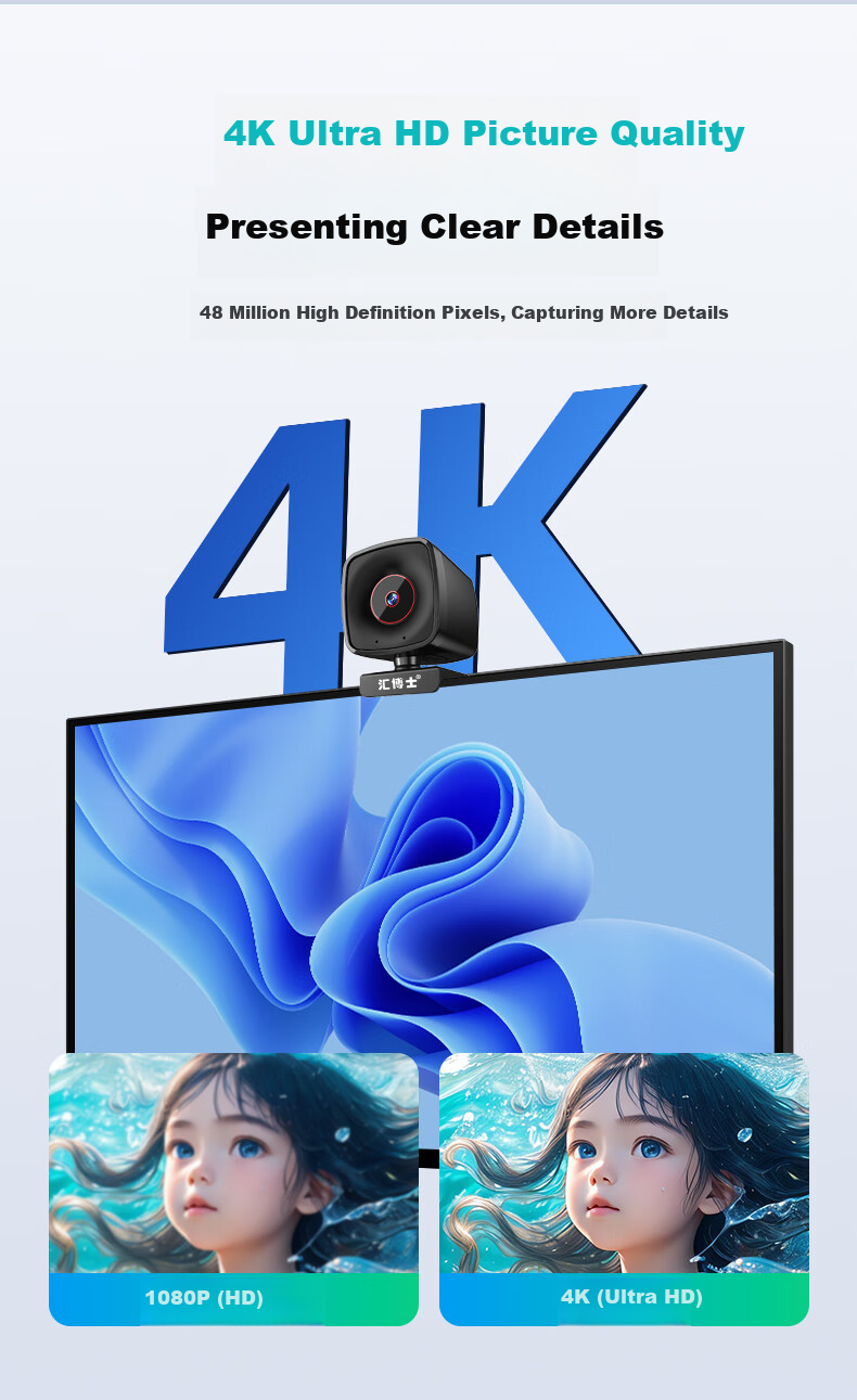 Веб-камера Huiboshi T20 4K HD, 48 МП, автофокус, широкоугольная, USB, с микрофоном, для стриминга, видеозвонков, онлайн-обучения