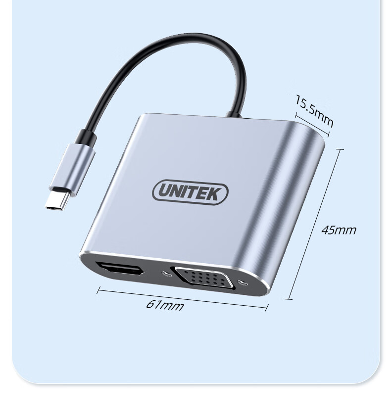 Переходник UNITEK Type-C на HDMI/VGA с PD зарядкой и USB 3.0, для Apple, ноутбуков, смартфонов и планшетов, для подключения к мониторам и проекторам