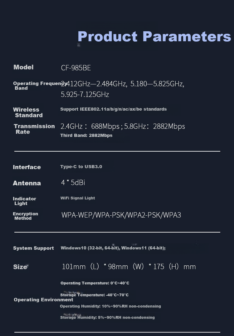 Wi-Fi 7 адаптер COMFAST CF-985BE, 5Ghz, USB 3.0, внешний, 6500 Мбит/с, для настольных ПК и ноутбуков