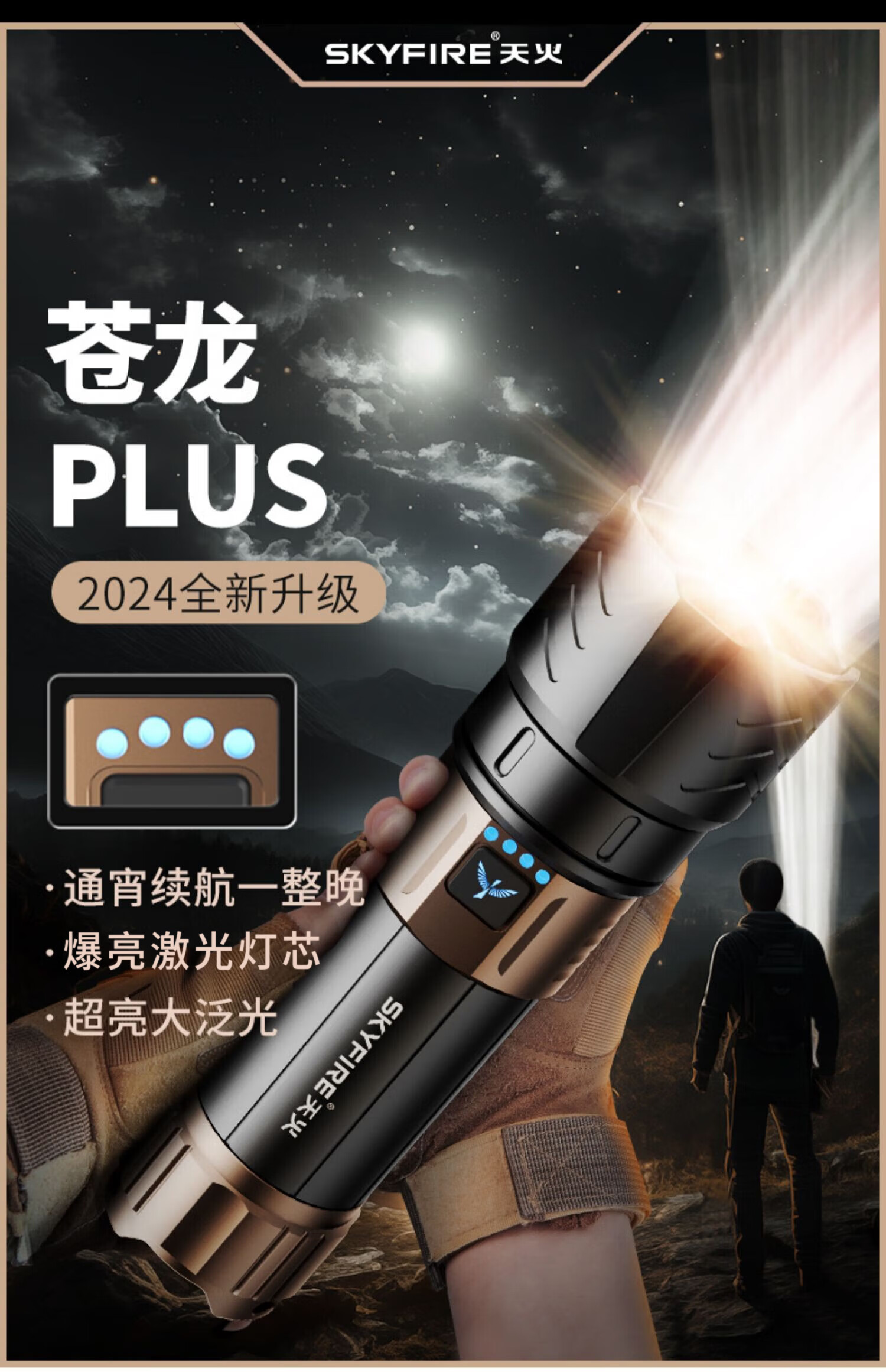 Фонарик SkyFire Canglong PLUS, сверхдальний луч, сверхдолгий срок службы батареи, супер яркий, военный, для рыбалки, пеших прогулок и наружного использования