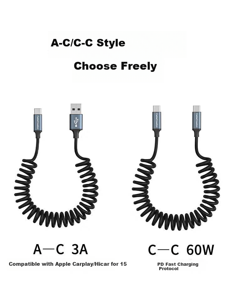 Кабель CABLE CREATION Dual-Head Type-C, 60W, витой, пружинный, для быстрой зарядки, совместим с Apple iPhone 15 Pro Max, Huawei, Xiaomi