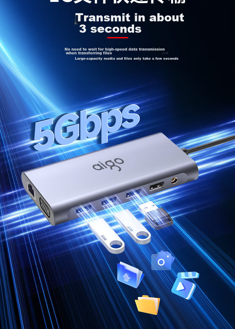 Многофункциональный USB-C хаб aigo T11, 11 портов: HDMI, VGA, USB 3.0, Gigabit Ethernet, SD/TF кард-ридер, PD 100W