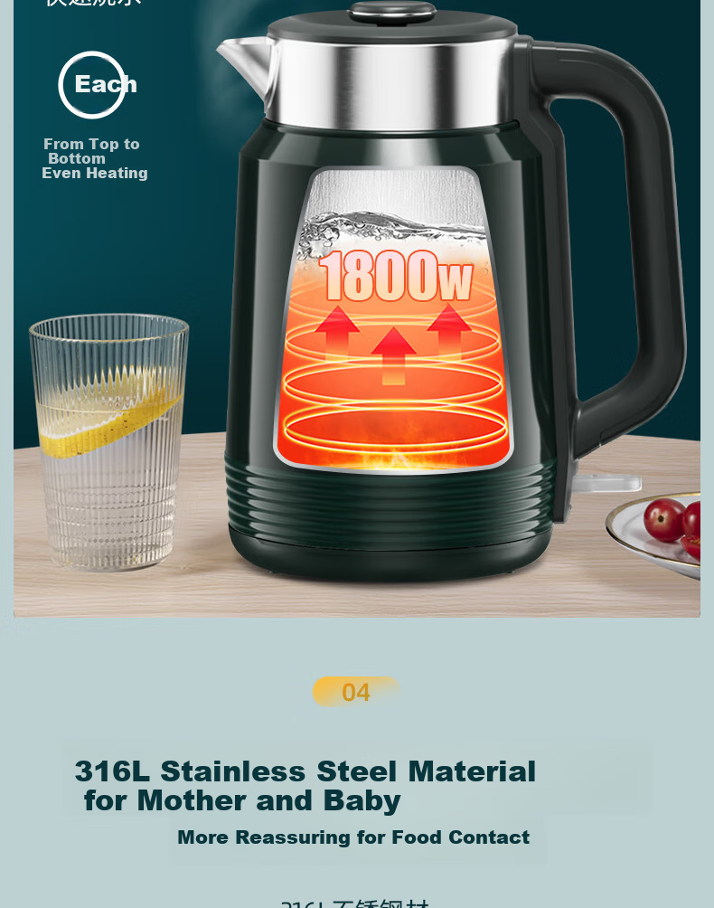 Электрический чайник Grelide D3020, 2л, 1800Вт, нержавеющая сталь 316L, двойные стенки, низкий уровень шума, зеленый