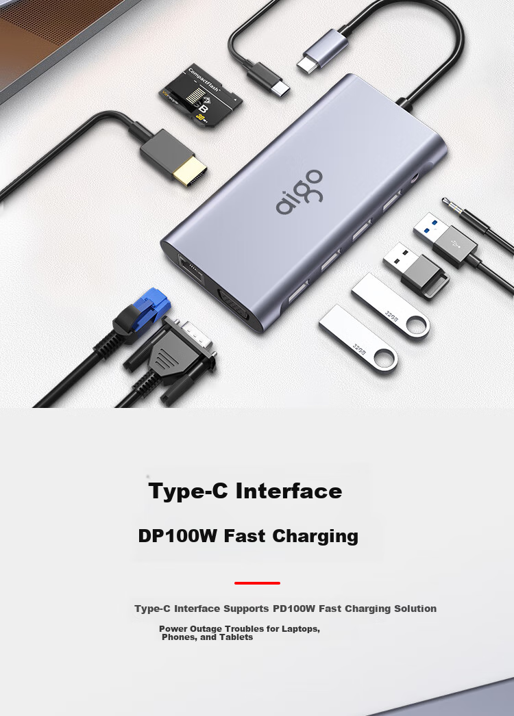 Многофункциональный USB-C хаб aigo T11, 11 портов: HDMI, VGA, USB 3.0, Gigabit Ethernet, SD/TF кард-ридер, PD 100W
