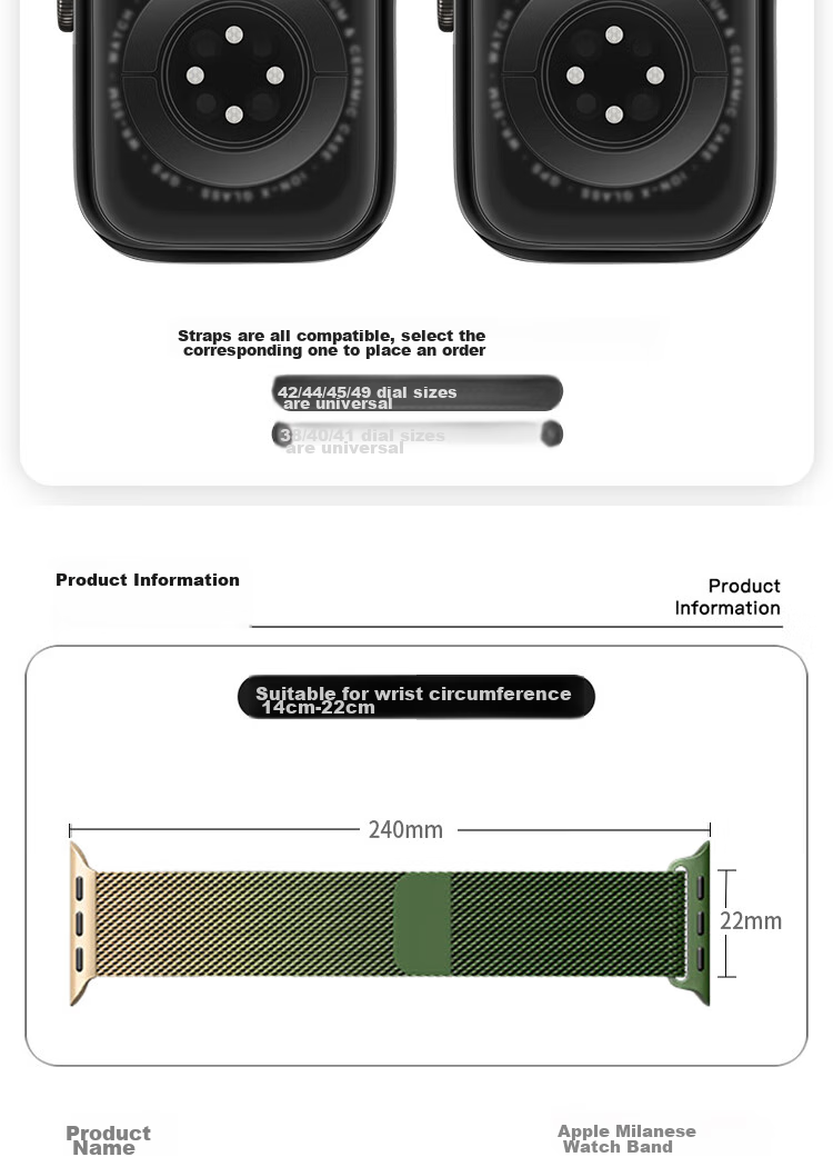 Ремешок ESCASE Milanese для Apple Watch SE 3/8/7/6/5/SE, миланская нержавеющая сталь с магнитным замком, двойной цвет, размер 38/40/41 мм