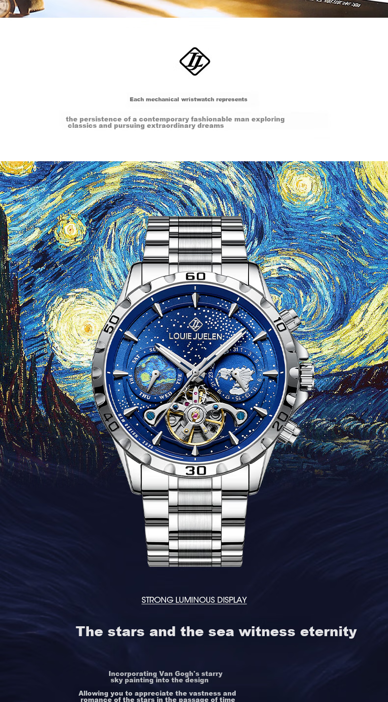 LOUIE JUELEN Starry Sea Мужские механические часы с автоподзаводом, скелетон, Подарок на Рождество