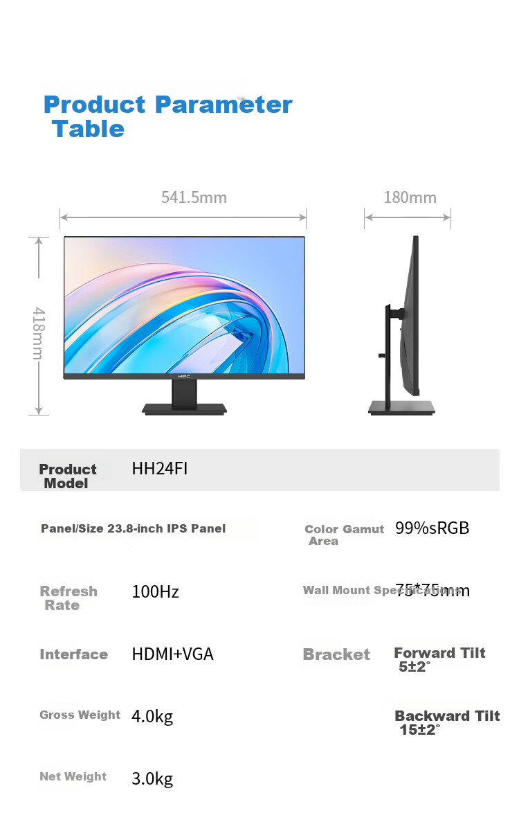 Монитор HPC HH24FI, 23.8 дюйма, IPS, Full HD (1920x1080), 100 Гц, 99% sRGB, без мерцания, узкая рамка, черный