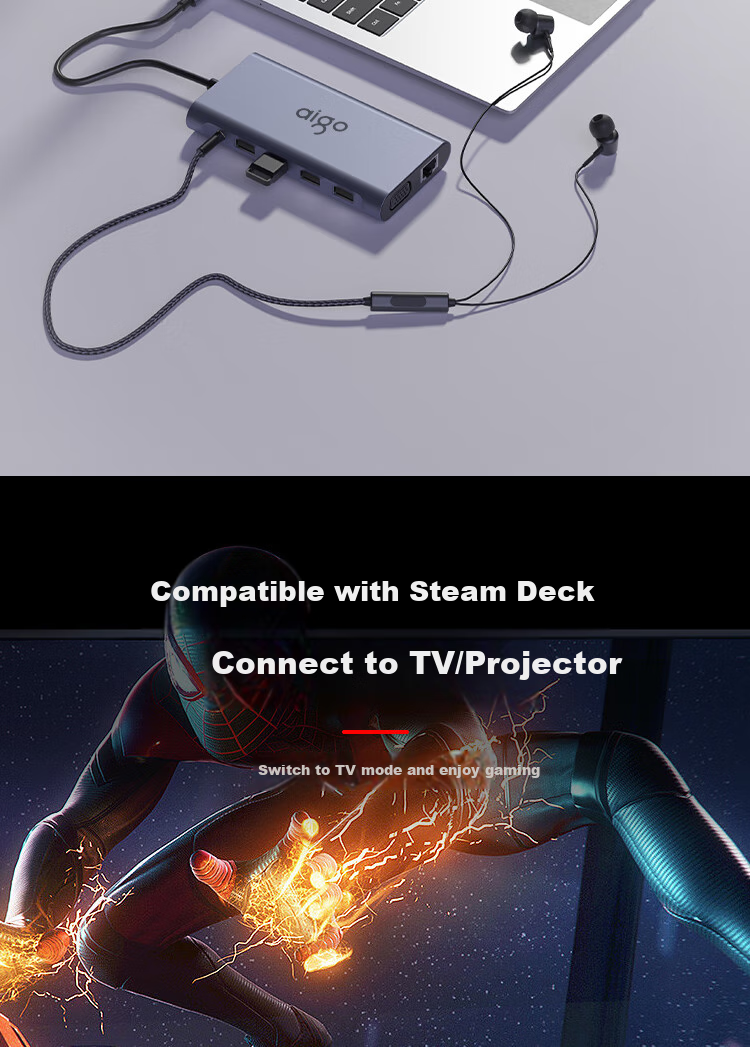 Многофункциональный USB-C хаб aigo T11, 11 портов: HDMI, VGA, USB 3.0, Gigabit Ethernet, SD/TF кард-ридер, PD 100W