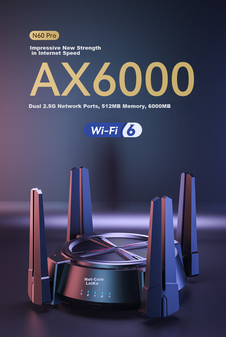 Wi-Fi роутер Netcore N60PRO AX6000, двухдиапазонный, с двумя портами 2.5G, скорость 6000 Мбит/с, для дома и игр, с функцией Mesh