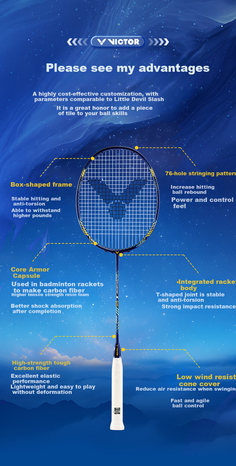 Ракетка для бадминтона VICTOR Shengli Xiaogui Jian Shengji Version Tianlong All-Carbon Offensive Single Racket TK-CM Midnight Blue, 4U Strung Racket, 26 Pounds