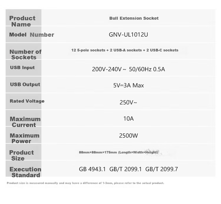 Удлинитель BULL GNV-UL1012U с вертикальными USB-портами, 12 розеток, защита от перегрузки, 1.6 метра, белый