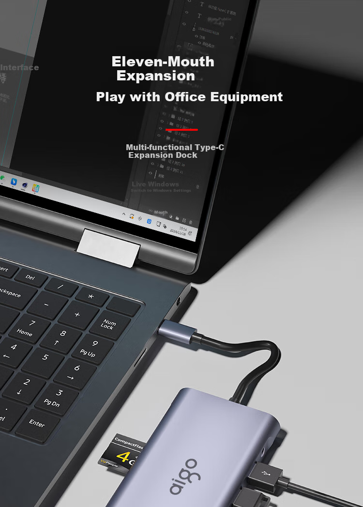 Многофункциональный USB-C хаб aigo T11, 11 портов: HDMI, VGA, USB 3.0, Gigabit Ethernet, SD/TF кард-ридер, PD 100W